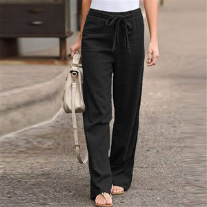 <span class=keywords><strong>Pantalon</strong></span> en <span class=keywords><strong>lin</strong></span> à jambes larges en coton d'été 100% décontracté sans couture pour femmes - Product Image 4