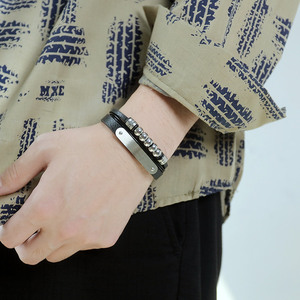 Bện <span class=keywords><strong>Bowknot</strong></span> da bọc Vòng đeo tay titan thép bóng có thể điều chỉnh khóa Multilayer đồ trang sức vòng đeo tay bằng da <span class=keywords><strong>Bangle</strong></span> cho nam giới - Product Image 3