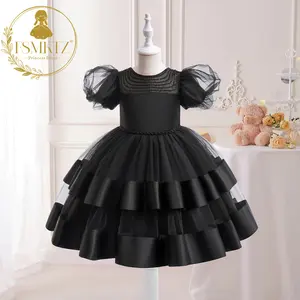 Elegante vestido negro de burbujas, vestido de tul multicapa hinchado con mangas de burbujas negras para ocasiones especiales para niñas, vestido de fiesta para hijas