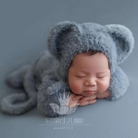 Ensemble bonnet et barboteuse à pattes en tricot doux motif éléphant moelleux, tenue barboteuse bonnet ourson en peluche, accessoires de photographie nouveau-né