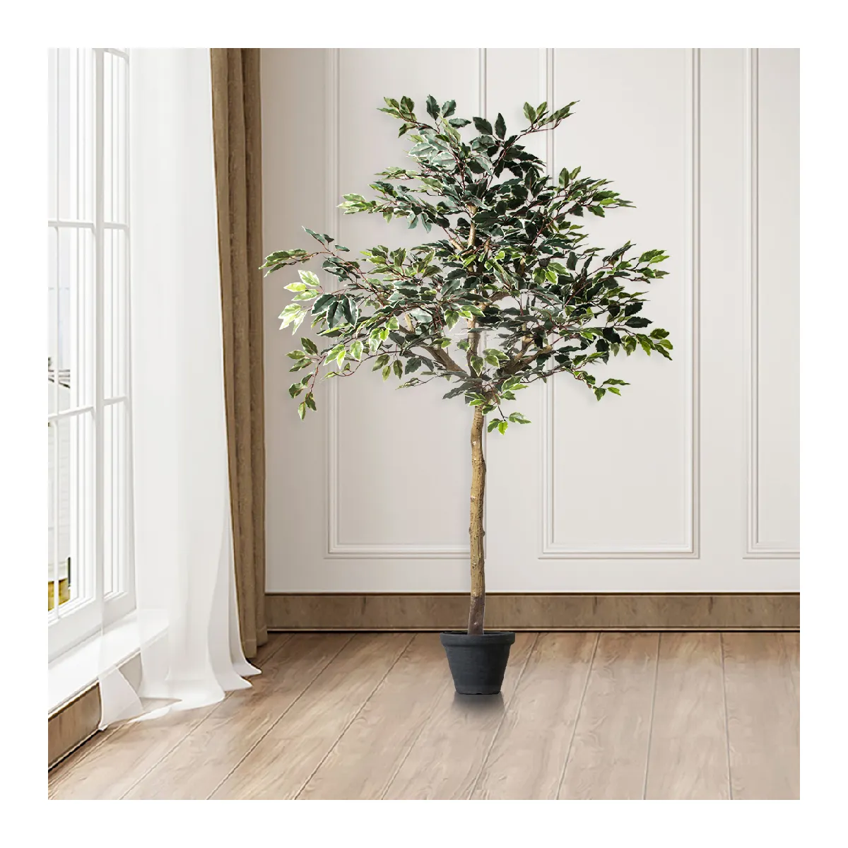 PZ-4-73 Hete Verkoop Realistische Groene Ficusbladeren Met Pe Stam In Plastic Zwarte Pot Kunstmatige Banyanboom Voor Kantoorhuisdecor