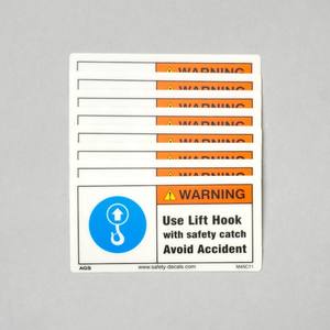 Avertissement : Utiliser un crochet de levage avec dispositif de sécurité pour éviter les accidents – Autocollant de signalisation pour équipement industriel et étiquette de sécurité pour grue, finition mate imperméable - Product Image 1