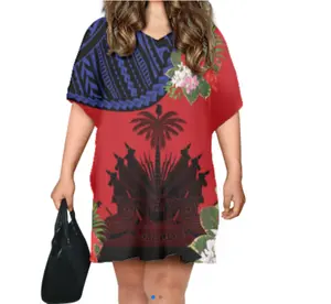 नई आगमन हैती झंडा प्रिंट लघु आस्तीन ढीली टी शर्ट ड्रेस महिलाओं के लिए कस्टम लोगो/डिजाइन/पाठ थोक कीमत हाईटियन कपड़े
