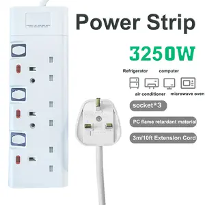 New Arrival 8533 Socket 250V 13A 3250W Power Strip with Power Switch and 3 Meters Extension Cord 3 Outlets UK