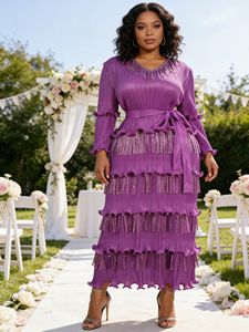 Abito Lungo Elegante con Scollo a V, Tinta Unita, Plissettato con Nappine e Cintura, <span class=keywords><strong>Taglie</strong></span> <span class=keywords><strong>Forti</strong></span>, Stile Miyaki per <span class=keywords><strong>Donna</strong></span> - Product Image 1