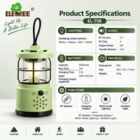 ELETREE Lampe LED portable légère en ABS durable avec haut-parleur Bluetooth rechargeable pour le camping, les voyages et les activités de plein air