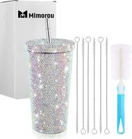 Gobelet isotherme en acier inoxydable brillant effet diamant avec paille, bouteille d'eau fantaisie avec couvercle