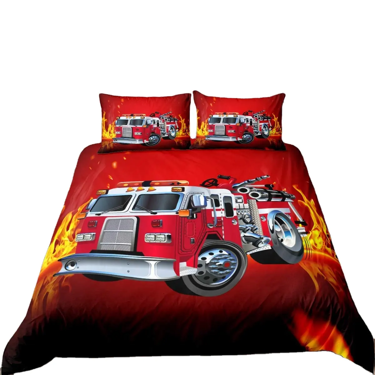 Pompier camion dessin animé housse de couette rouge pompiers voiture enfants confortable ensemble de literie enfants pompier Polyester housse de couette ensembles