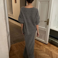 Ensemble de vêtements d'automne tricotés 2 pièces, coupe ample, col en V, robe pull-over, jupe, pull d'hiver respirant