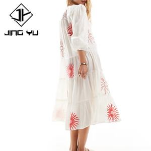 Vestido Midi de Playa con Estampado de Verano, Diseño de Fábrica, Manga Abullonada, Cuello en V, Personalizado, Suave, 100% Algodón - Product Image 2