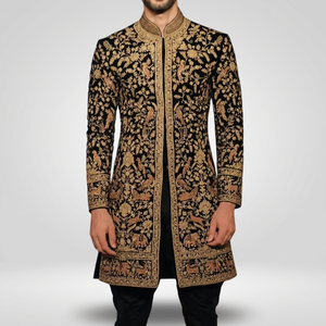ELEGANT Colorful EMBROIDERY on GROOM BLACK SHERWANI & <b>PANT</b> WITH EMBELLISHED CRYSTAL GLASS BEADS,DABKA WORK for WEDDING=2024 - Product Image 4