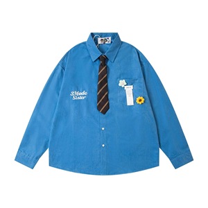 Chemise brodée vintage à manches courtes avec cravate à fleurs, <span class=keywords><strong>design</strong></span> américain personnalisé, pour hommes <span class=keywords><strong>et</strong></span> femmes, été, style Hong Kong - Product Image 4