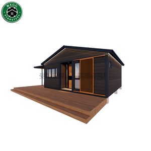 Maison préfabriquée modulaire portable en conteneur, structure en acier, panneaux en bois foncé avec terrasse, cuisine complète, aménagement salle de bain - Product Image 1