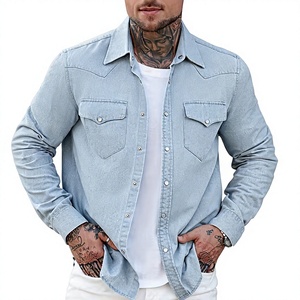 Camisa de Mezclilla para Hombre, Corte Slim Fit, 100% Algodón, Manga Larga, Color Azul Sólido, Cuello Clásico, Estilo Casual, Antiarrugas, Lavado a la Piedra - Product Image 4