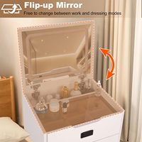 Petite coiffeuse moderne intégrée 3 en 1 en bois avec miroir rabattable éclairé, plateau en verre et rangement caché
