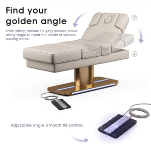 Table de massage électrique professionnelle pour salon de beauté, en cuir PU, avec appui-tête réglable, base dorée et éclairage LED pour extensions de cils - Product Image 4