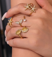 Bague ouverte en acier inoxydable plaqué or 18 carats à la mode pour femmes Searing 5A White Zircon Starfish pour mariage ou cadeau