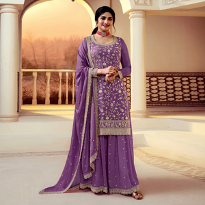 Traje Salwar Tradicional Bordado en Morado con Dupatta, Corte Holgado y Largo hasta el Suelo, Ropa India y Pakistaní para Mujer - Product Image 1