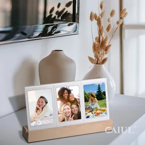 Caiul Luminous Acrylic 3 Opening Photo Frame with LED Light for Fujifilm Instax Mini Film Wood Collage Picture Frame