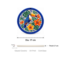 Sous-plat en céramique rond de 17 cm, motif toucan tropical, impression UV émaillée, base en liège, pour la décoration de table de cuisine, cadeau