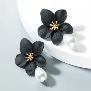 Beautiful Bohemian Big Flower Pearl Earrings Elegant Color Flower Stud Drop Imitation Pearl Earrings For Women Bride Girl