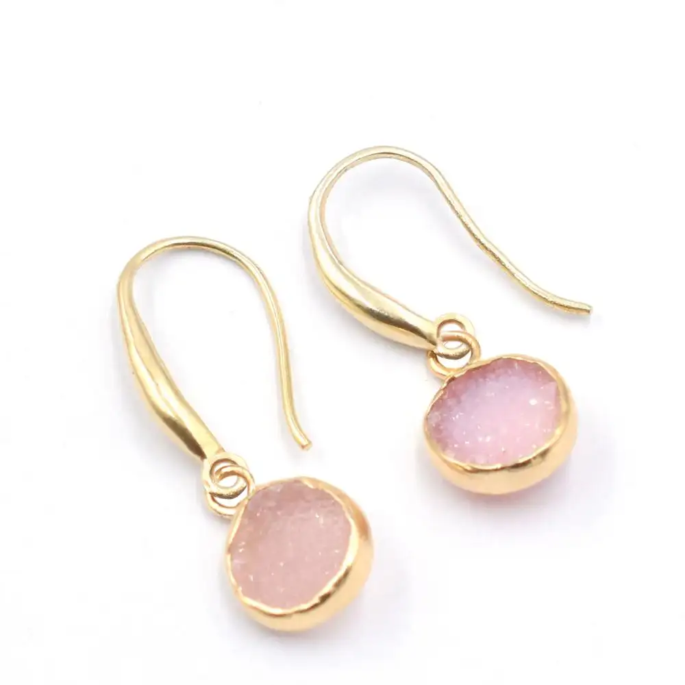 Pink Druzy 27 To 28 MM With Ear Wire Round Shape Silver Bezel Gold Plated Earring
