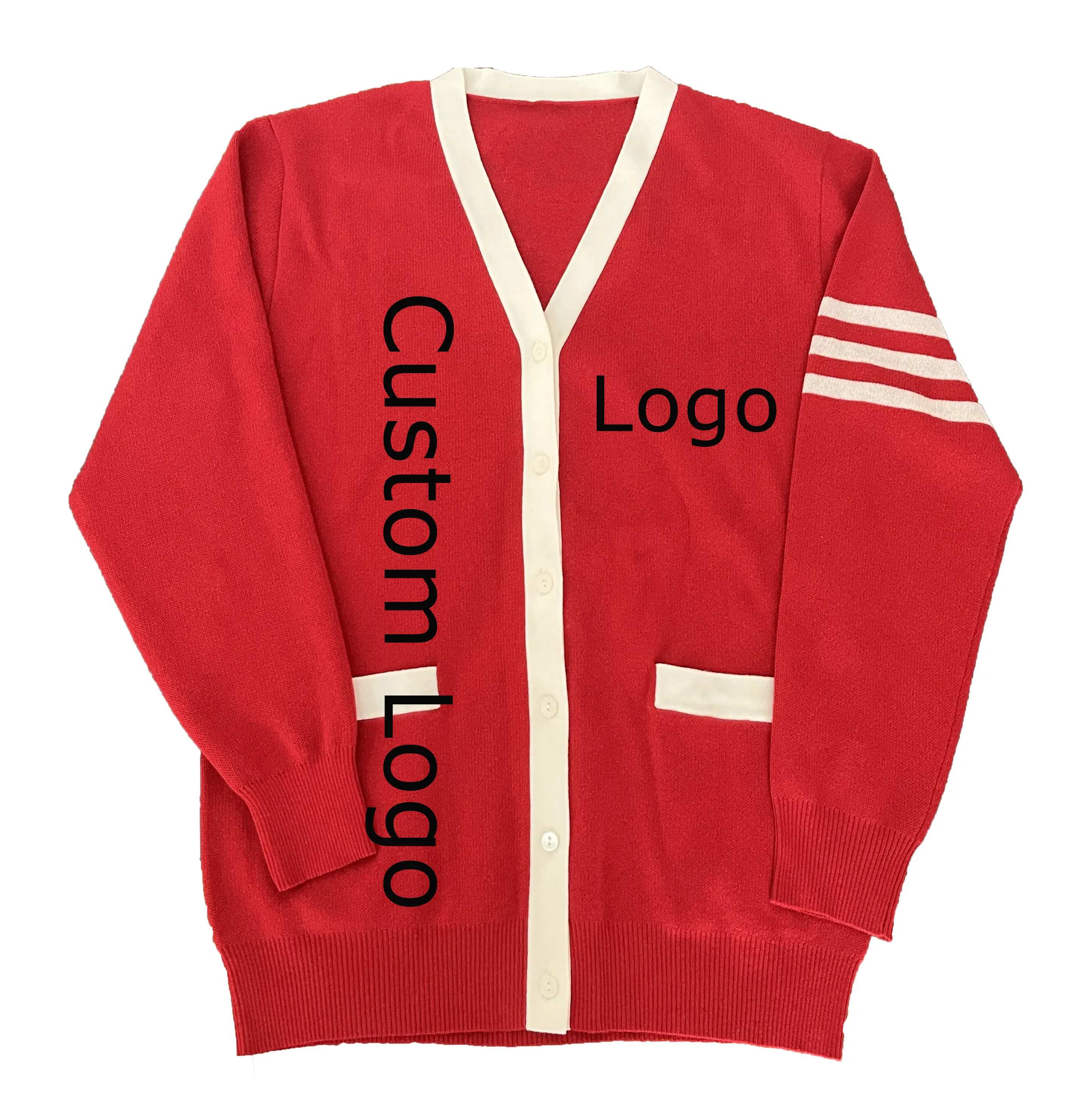 Custom Logo New Jacquard Letter Patch V Neck Cardigan Long Sleeve Heavy Loose Womens Knit Sweater Cardigans Fashion