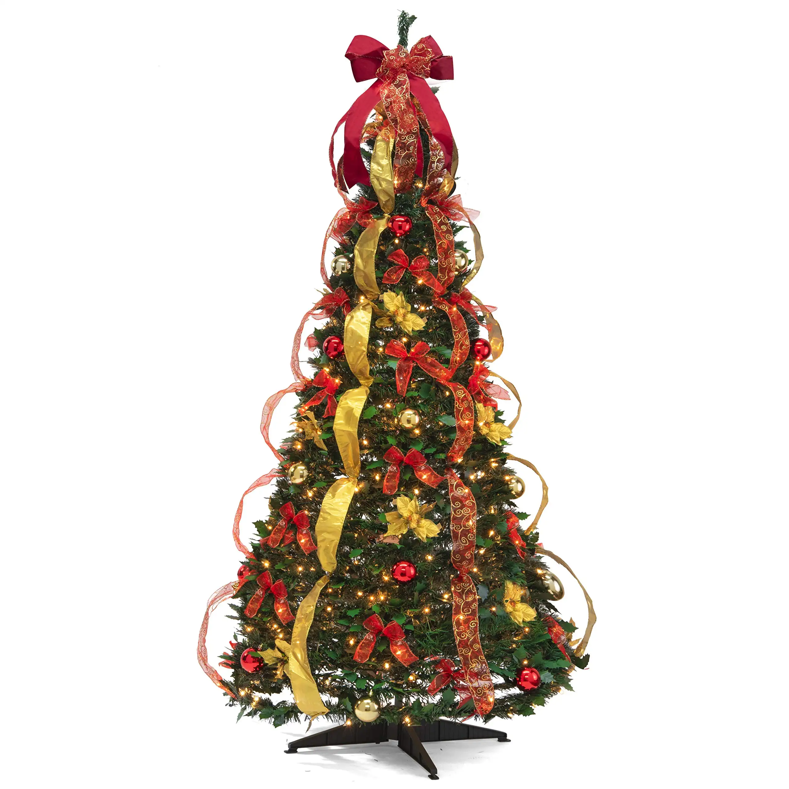 Pre-lit 6FT Pop Up Christmas Tree with Remote led Lights Artificial Xmas Trees Decorated Holiday Party Decorations Red