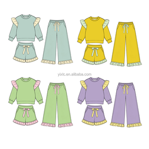 Set Felpa in <span class=keywords><strong>Cotone</strong></span> per Ragazze con Spalle Arricciate, Maniche Lunghe, Pantaloncini con Fiocco in Vita o Pantaloni a Gamba Larga, Opzioni di Motivi Personalizzati - Product Image 3