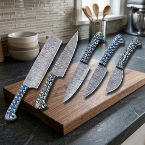 Ensemble de couteaux de chef en acier Damas de qualité supérieure, 5 pièces, personnalisé, avec couteau à découper, Santoku, couteau utilitaire et mosaïque de broches - Product Image 2