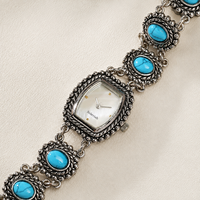 Montre-bracelet vintage en pierre turquoise pour femme, cadran en nacre argentée antique, bijoux, OEM ODM