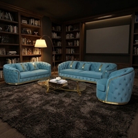 Canapé en velours classique capitonné de luxe 2-3 places, avec finition élégante en acier inoxydable doré, ensemble de lit pour hôtel et maison