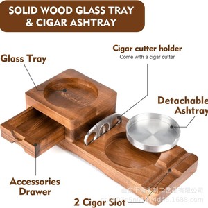 Cendrier en bois massif avec tiroir, plateau métallique de 9 cm, porte-verre à whisky, design minimaliste - Product Image 5