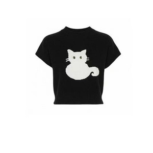Women's Pink <b>Cat</b> Print Short Sleeve Knit <b>Top</b> Crew Neck Slim Fit Summer 2026 - Product Image 4