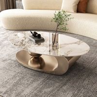 Table Basse Contemporaine Ovale avec Plateau en Pierre Dorée, Meuble de Salon en Métal, Table Basse Marbre Ardoise Moderne Luxe