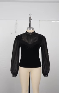 Getailleerde damestop met mesh, holle hoornmouwen, elegant, stijlvol, voor lente en herfst, grensoverschrijdend kledingstuk - Product Image 3