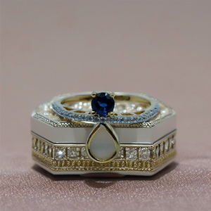 Bague élégante en or 22 carats avec pierre bleue, bande de diamants et perle tombante, bague de créateur élégante pour femmes, bijoux modernes - Product Image 3