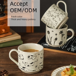 FENN Vente en gros de tasses à <span class=keywords><strong>café</strong></span> écologiques en céramique, tasse à <span class=keywords><strong>café</strong></span> rétro avec motif de chat en relief, tasse en porcelaine mouchetée empilable, tasse à lait - Product Image 2