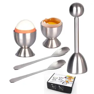 5 pcs Egg Cracker Topper Set Includes 2 Egg Cups 2 Spoons and 1 Cutter Stainless Steel Easy Egg Opener