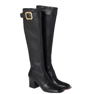 Bottes hautes pour femmes à bout carré, grande taille 46, coupe large, talons épais, boucle métallique supérieure, bottines longues - Product Image 6