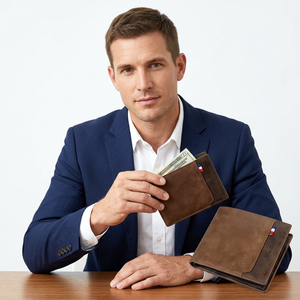 Custom Men's Brown Crazy Horse Cow Leather Short Bifold <b>Wallet</b> with Coin Pocket <b>RFID</b> <b>Blocking</b> Open Closure - Product Image 4