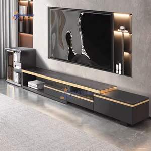 Mueble de Salón Moderno con Soporte para Televisor de Vidrio Telescópico Negro Brillante con Efecto Marmolado y Estantería para Libros - Product Image 3