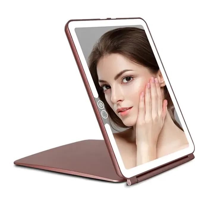 Pemasok MOQ Rendah Meja Kustom Meja Persegi Panjang Coklat Make Up Cermin Lipat Kosmetik Set Khusus dengan Lampu Led untuk Meja Rias