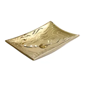Lavabo Modern Counter Top Gold Printed Fancy Washing Basin Bathroom Ceramic Sink