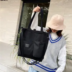 Bolso de compras de lona con logotipo personalizado, elegante, con bolsillo externo