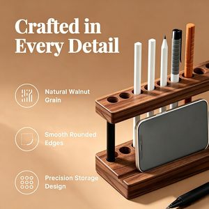 Soporte de Exhibición para Bolígrafos de Madera de Nogal Macizo con 9 Ranuras y Soporte para Teléfono Celular, Organizador de Bolígrafos Estético para Decoración Minimalista de Escritorio de Oficina - Product Image 5