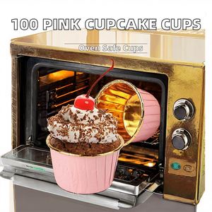Lot de 100 moules à cupcakes roses et dorés, moules à muffins résistants à la graisse, rigides et autoportants en aluminium - Product Image 2
