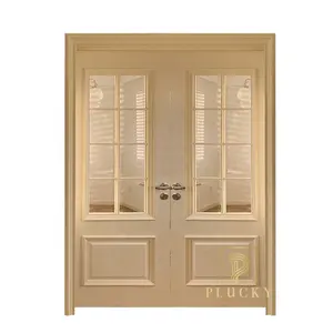 Venta caliente vidrio diseño de madera doble hoja interior Puerta de vidrio para sala de estar