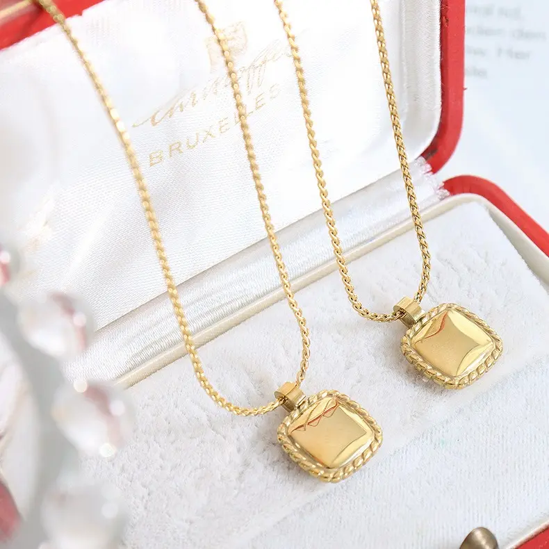 French Style Stainless Steel 18k Gold Plated Necklace Geometric Square Lace Clavicle Chain Jewelry Girls collares para mujer