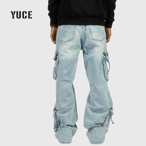 Jean cargo YUCE pour homme, coupe ample, <span class=keywords><strong>denim</strong></span> bleu clair, multi-poches, jambe large empilée, délavage vintage, streetwear, fabrication OEM sur mesure - Product Image 2
